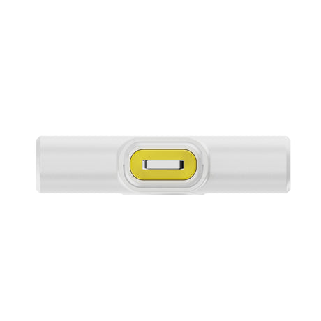 Hollyland Lark M2 shine white Lightning receiver top view: white rectangular dongle with yellow Lightning plug recessed in yellow frame, slim USB-C to Lightning adapter profile for Hollyland wireless lavalier mic system