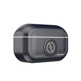 Hollyland Lark M2 shine charcoal charging case angled front view closed: black case with gold trim, illuminated blue LED dots, centered Hollyland logo, ergonomic shape for wireless lavalier microphone system