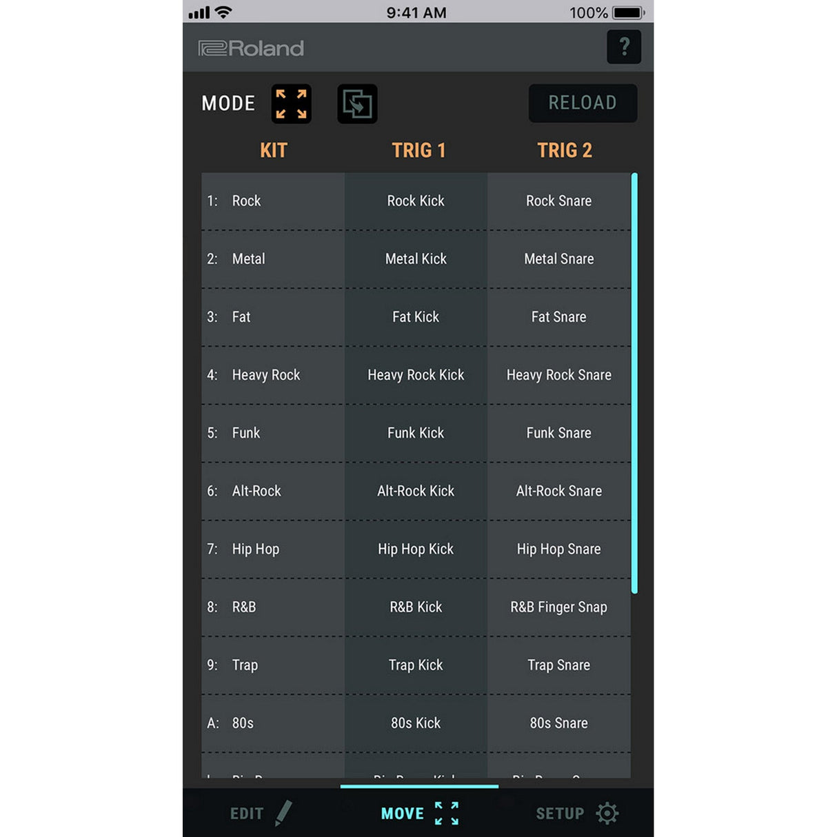 Roland device interface with sound kit selection on a smartphone screen