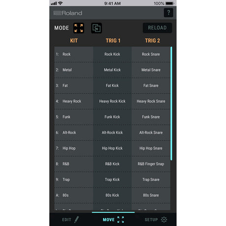 Roland device interface with sound kit selection on a smartphone screen