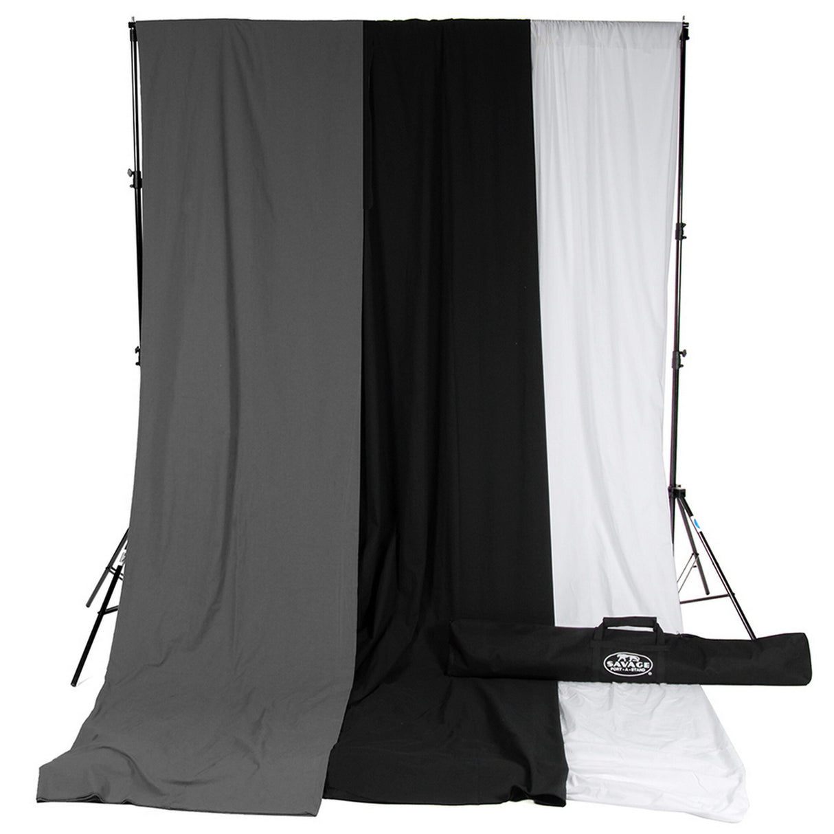Savage 011220PAS-24 10 x 24-Feet Solid Muslin Background Kit with Port-A-Stand, White/Gray/Black