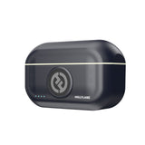 Hollyland Lark M2 shine charcoal charging case angled front view closed: black case with gold trim, illuminated blue LED dots, centered Hollyland logo, ergonomic shape for wireless lavalier microphone system