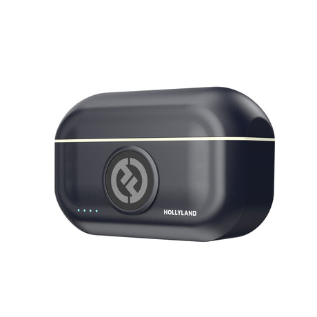 Hollyland Lark M2 shine charcoal charging case angled front view closed: black case with gold trim, illuminated blue LED dots, centered Hollyland logo, ergonomic shape for wireless lavalier microphone system