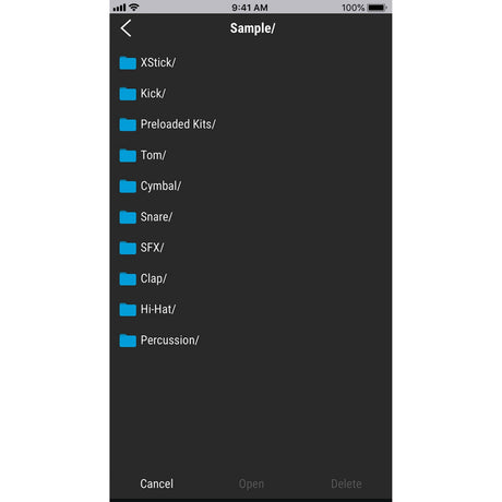 List of sample categories on a smartphone screen with a black background