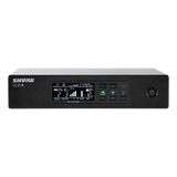 Black half‑rack Shure QLXD4 single‑channel receiver with matte gray front panel, high‑contrast LCD, RF and audio LED meters, and two detachable 1/2‑wave antennas, shown mounted in a standard 19‑inch equipment rack
