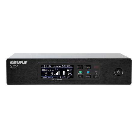 Black half‑rack Shure QLXD4 single‑channel receiver with matte gray front panel, high‑contrast LCD, RF and audio LED meters, and two detachable 1/2‑wave antennas, shown mounted in a standard 19‑inch equipment rack