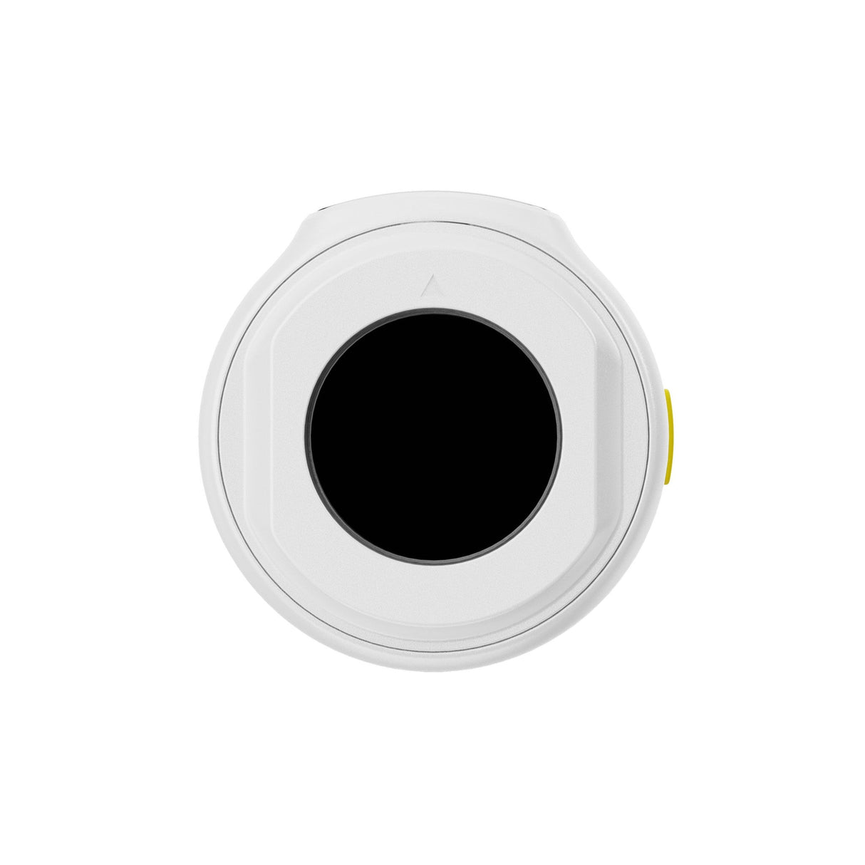 Hollyland Lark M2 shine white TX wireless lavalier transmitter top view: round white clip-on mic with black inner grille, yellow power button at edge, centered Hollyland logo, matching shine series design for dual-channel 2.4GHz audio