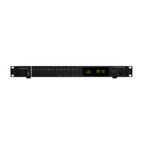 Black audio equipment rack unit with digital display on a white background