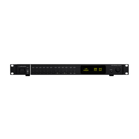 Black audio equipment rack unit with digital display on a white background