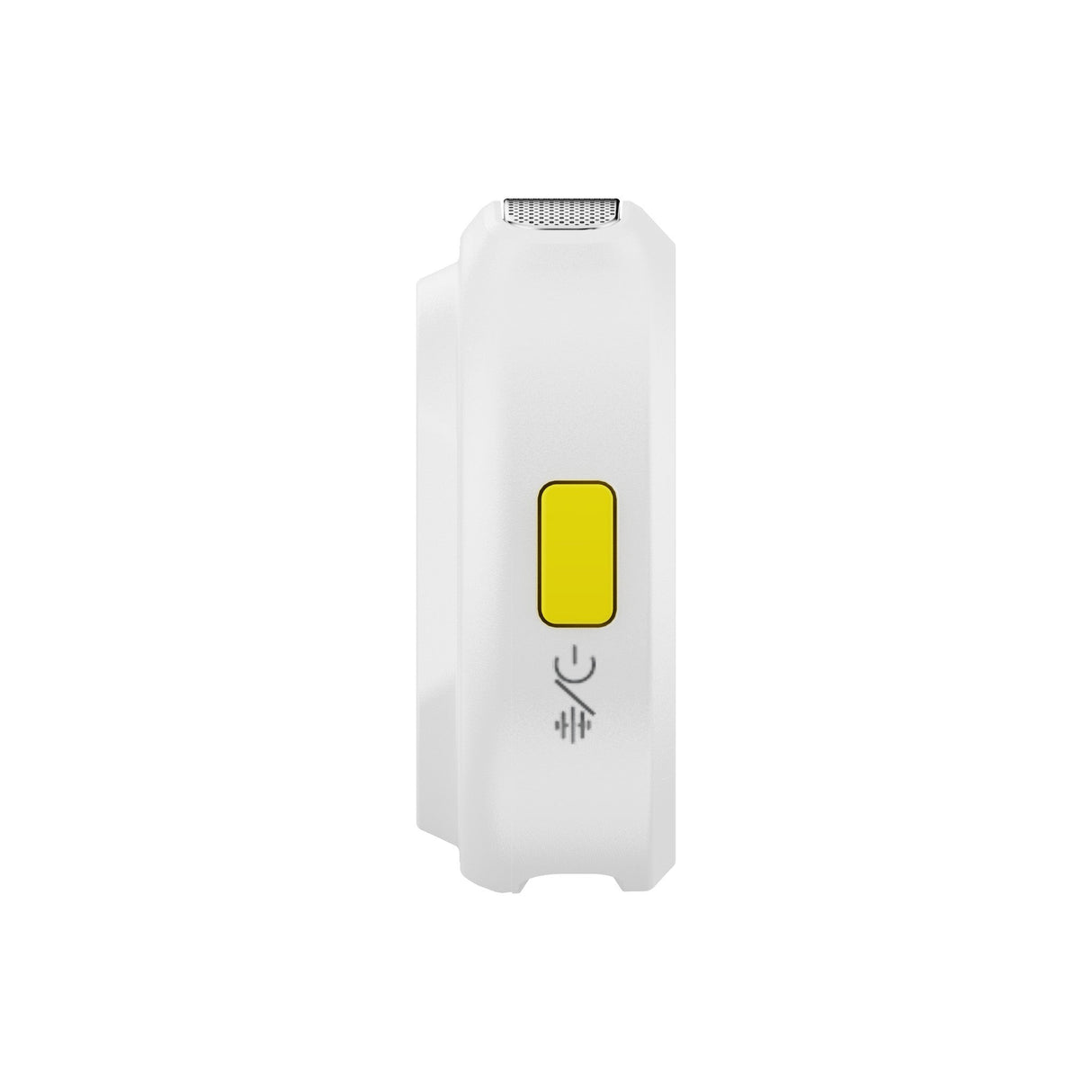 Hollyland Lark M2 shine white Lightning receiver side view: white rectangular dongle with silver mesh speaker grille, yellow power button, USB-C charging port icon, slim profile for direct iPhone Lightning connection in wireless microphone setups