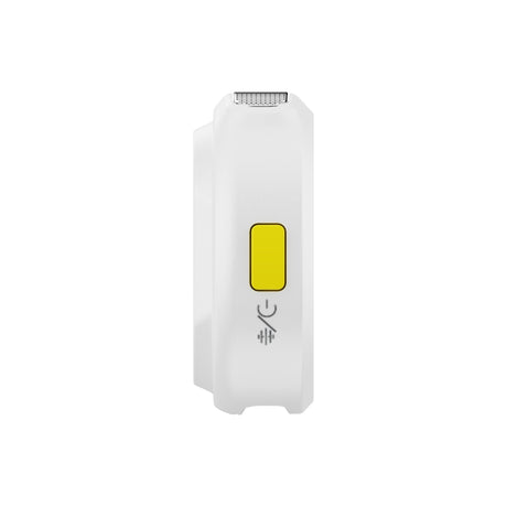 Hollyland Lark M2 shine white Lightning receiver side view: white rectangular dongle with silver mesh speaker grille, yellow power button, USB-C charging port icon, slim profile for direct iPhone Lightning connection in wireless microphone setups