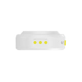 Hollyland Lark M2 shine white Lightning receiver bottom view: white rectangular dongle with three yellow magnetic charging contacts, wireless charging indicator icon, compact design for iPhone integration in Hollyland dual TX wireless lavalier system