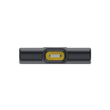 Hollyland Lark M2 shine charcoal Lightning receiver top view: black rectangular dongle with yellow Lightning plug recessed in frame, slim profile USB-C to Lightning adapter for wireless lavalier microphone system