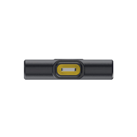 Hollyland Lark M2 shine charcoal Lightning receiver top view: black rectangular dongle with yellow Lightning plug recessed in frame, slim profile USB-C to Lightning adapter for wireless lavalier microphone system