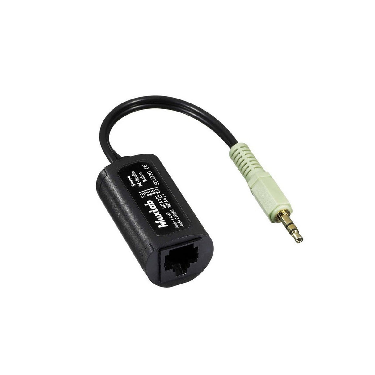 MuxLab Stereo PC Audio Balun 500030 | 3.5mm Line Level Stereo TRS Audio Extender Cat5e/6 RJ45 Plug Cable