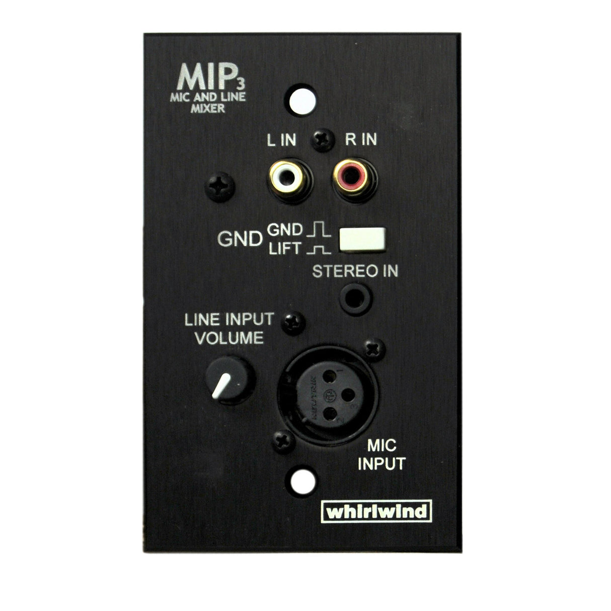 Whirlwind MIP3B 1-Gang Wall Input Plate with XLRF, 3.5mm TRS, Dual RCA, Level Control Inputs, Black