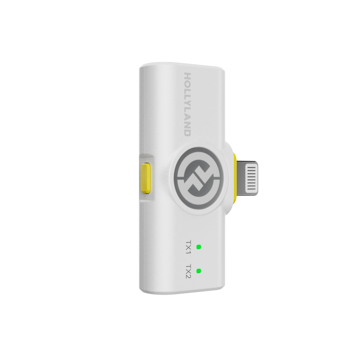 Hollyland Lark M2 shine white Lightning receiver side view plugged into iPhone: white USB-C to Lightning dongle with yellow power button, Hollyland logo, green TX1 and TX2 status LEDs lit, connecting wireless lav mics to iOS devices
