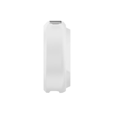 Hollyland Lark M2 shine white charging case side view: slim rectangular white case with angled silver mesh speaker grille on lid edge, ergonomic shape for portability, houses dual TX units and Lightning RX for professional wireless audio