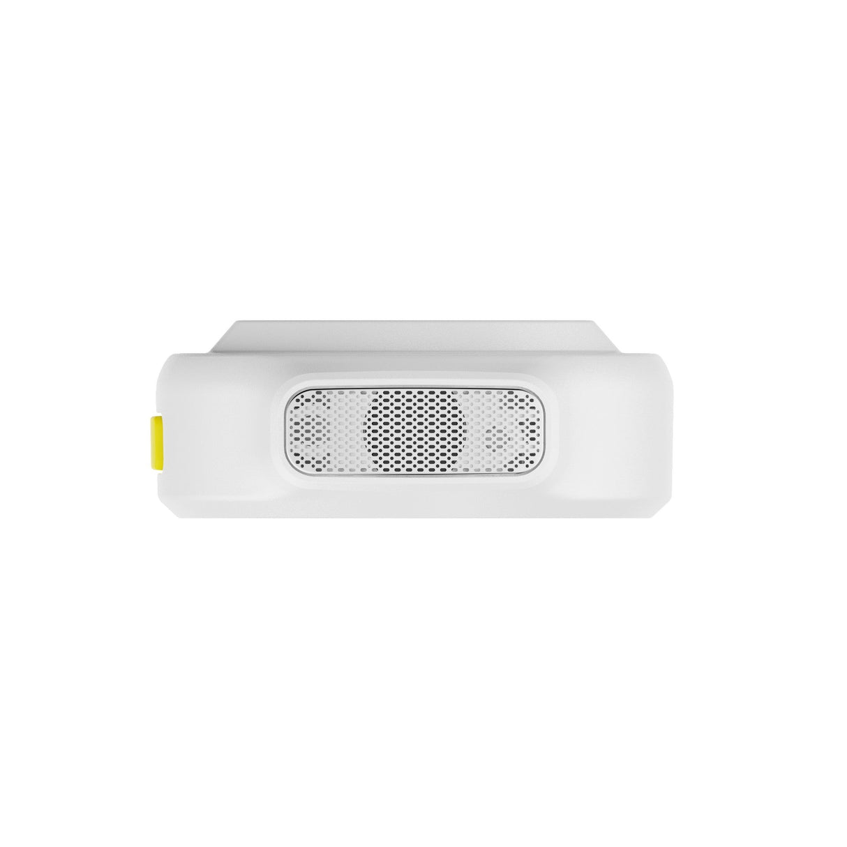 Hollyland Lark M2 white TX wireless lavalier transmitter rear view: white round clip-on with white mesh speaker grille, yellow power button, ergonomic curved clip mount for secure shirt attachment in professional audio setups