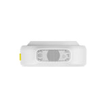 Hollyland Lark M2 white TX wireless lavalier transmitter rear view: white round clip-on with white mesh speaker grille, yellow power button, ergonomic curved clip mount for secure shirt attachment in professional audio setups