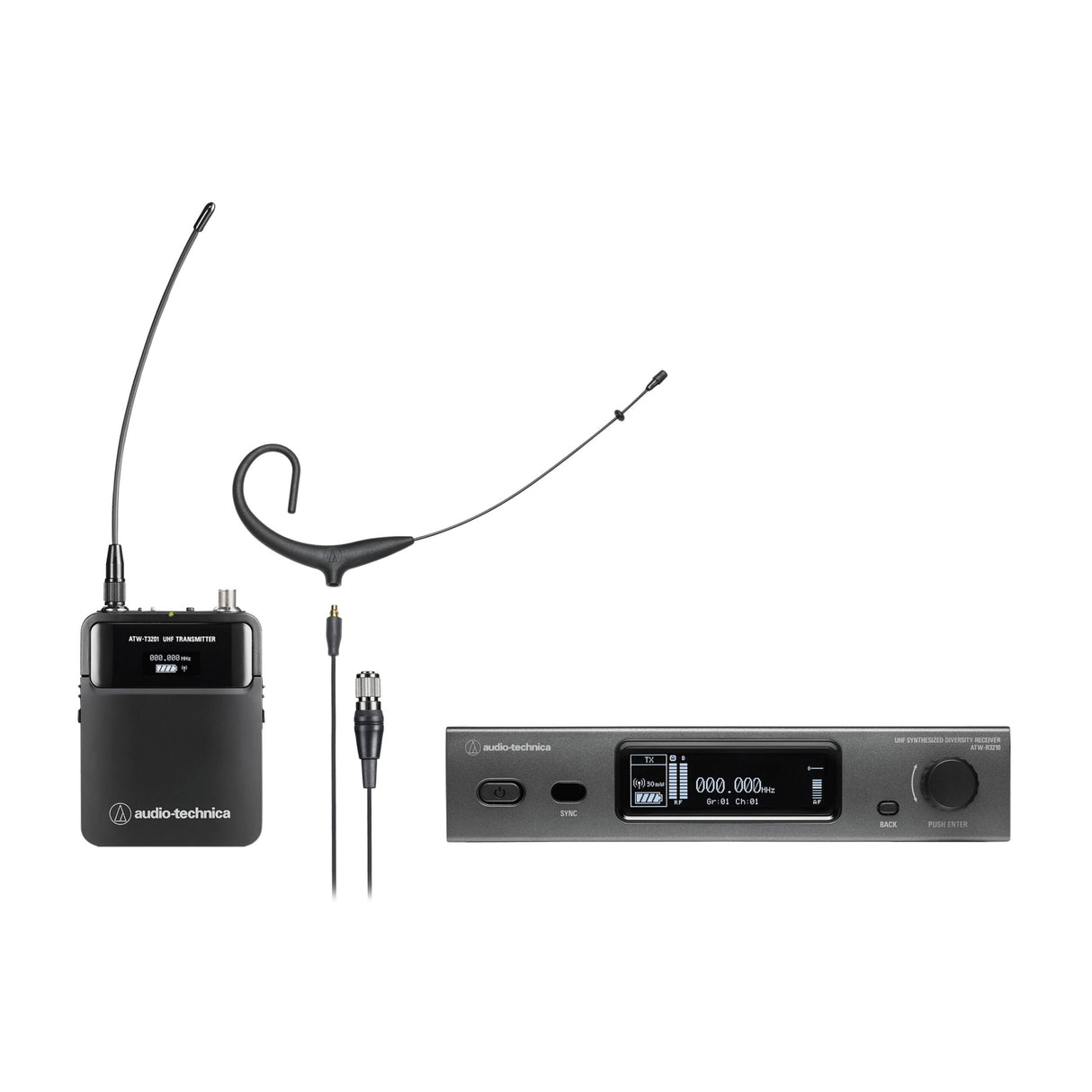 Audio-Technica ATW-3211/892XDE2 3000 Series Wireless Earset Microphone System, 470-530 MHz, Black, DE2