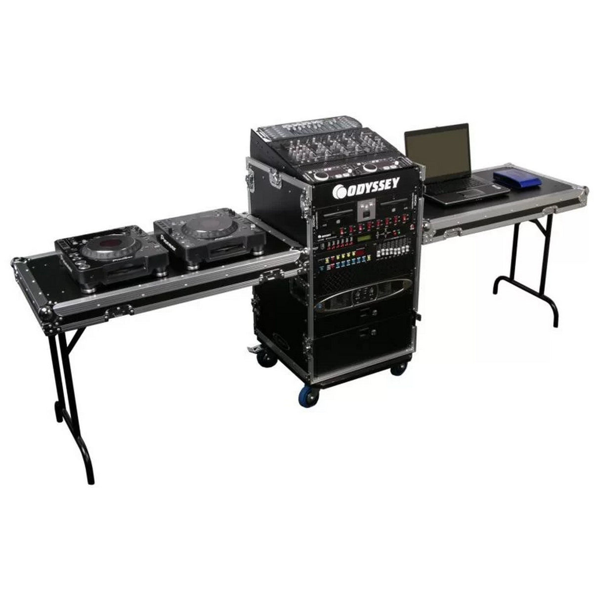 Odyssey 11U Top Slanted 16U Vertical Pro Combo Rack with 2 Side Tables and Casters