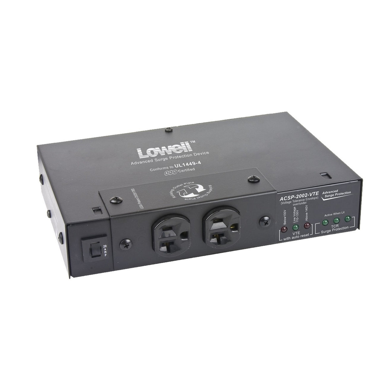 Lowell ACSP-2002-VTE Compact Surge Suppressor-20A, 2 Outlets, Over/Under Protection, Attached Cord