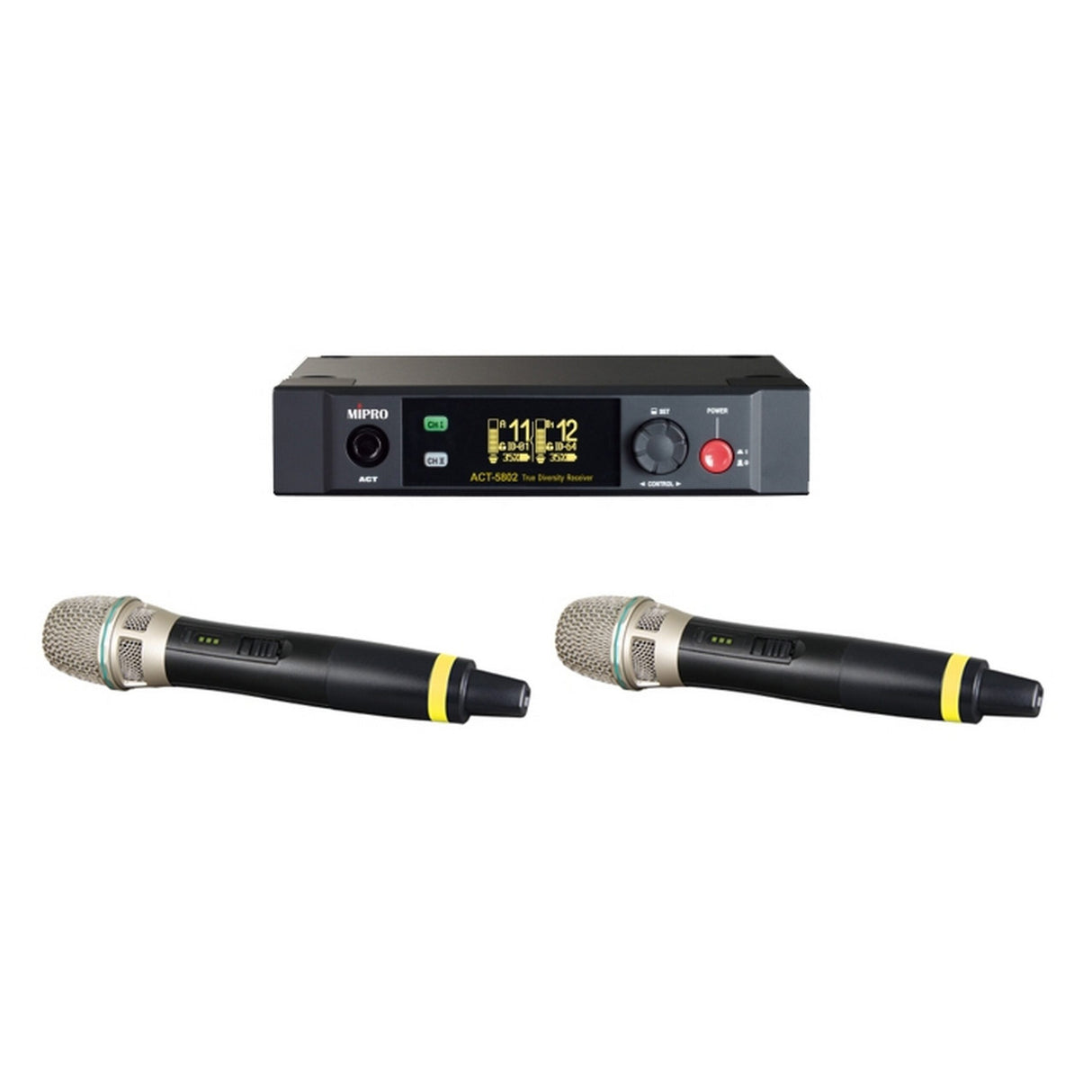 MIPRO ACT-5802/ACT-58H2 ISM 5 GHz 1/2U Dual Channel Digital Receiver with 2 Handheld Microphone Transmitters
