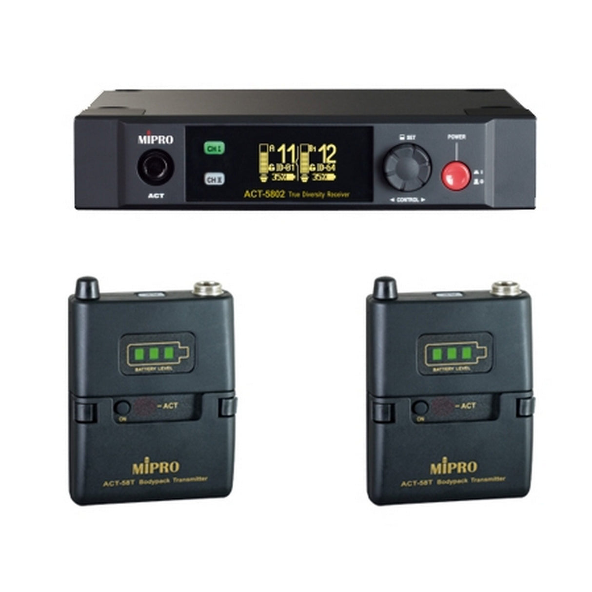 MIPRO ACT-5802/ACT-58T2 ISM 5 GHz 1/2U Dual Channel Digital Receiver with 2 Bodypack Transmitters
