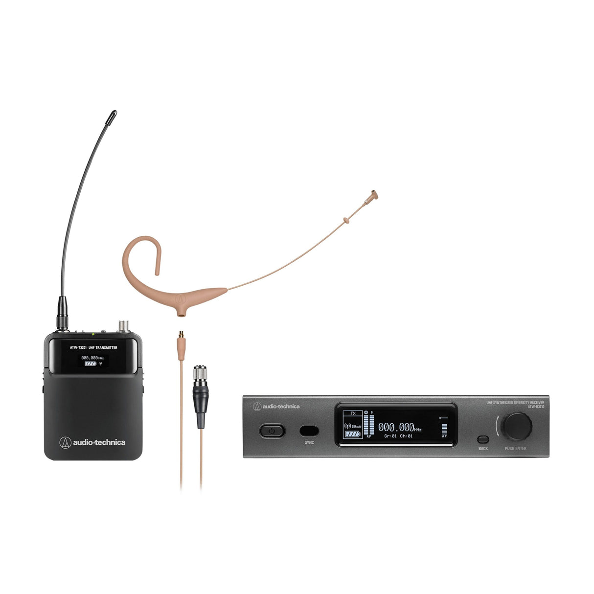 Audio-Technica ATW-3211/894XTHEE1 3000 Series Wireless Headworn Microphone System, 530.000-589.975 MHz, Beige, EE1