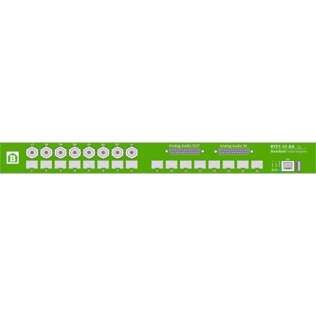 Barnfind BarnOne BTF1-10-AA 16 SFP Ports 8 BNC and 8 Channel Analog Audio Embedding/De-Embedding Fiber Router