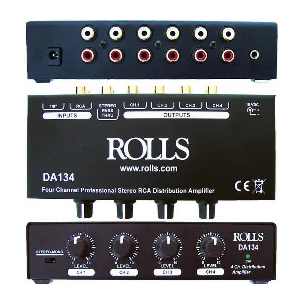 Rolls DA134 4 Channel Volume Control Mono Stereo RCA 1/8 inch Inputs Distribution Amplifier