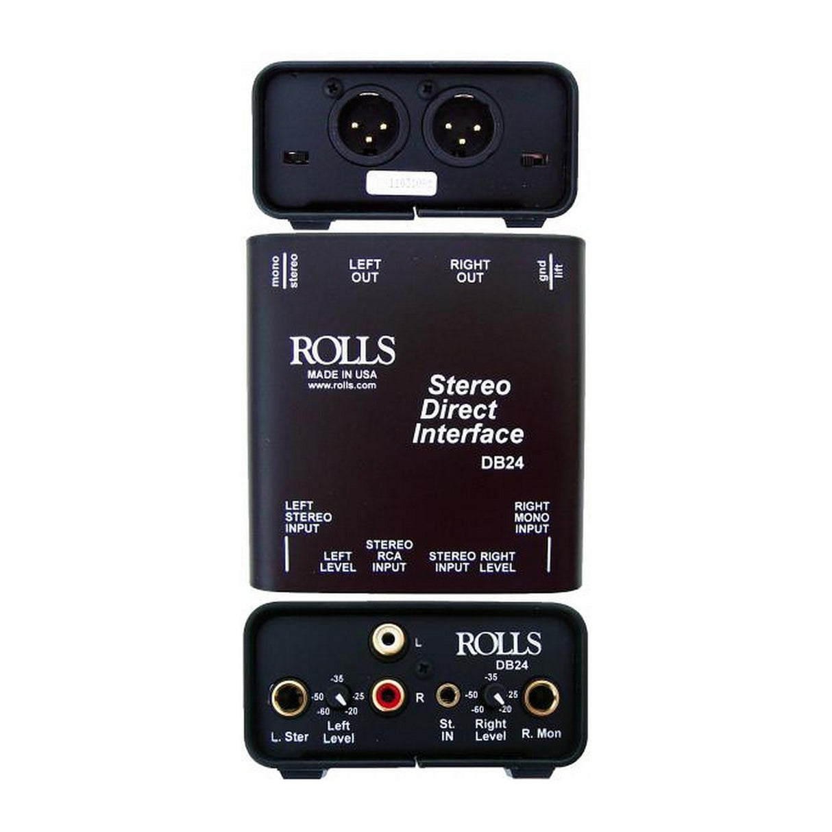 Rolls DB24 | 2 Channel High to Low Impedance Matching RCA 1/8 Dual 1/4 inches Inputs Balanced XLR Outputs Stereo Direct Interface
