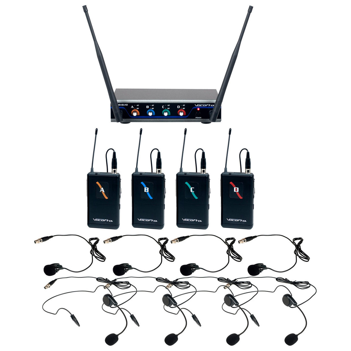 VocoPro Digital-QUAD-B3 4-Channel UHF Digital Wireless Headset and Lapel Microphone System, Frequency B3