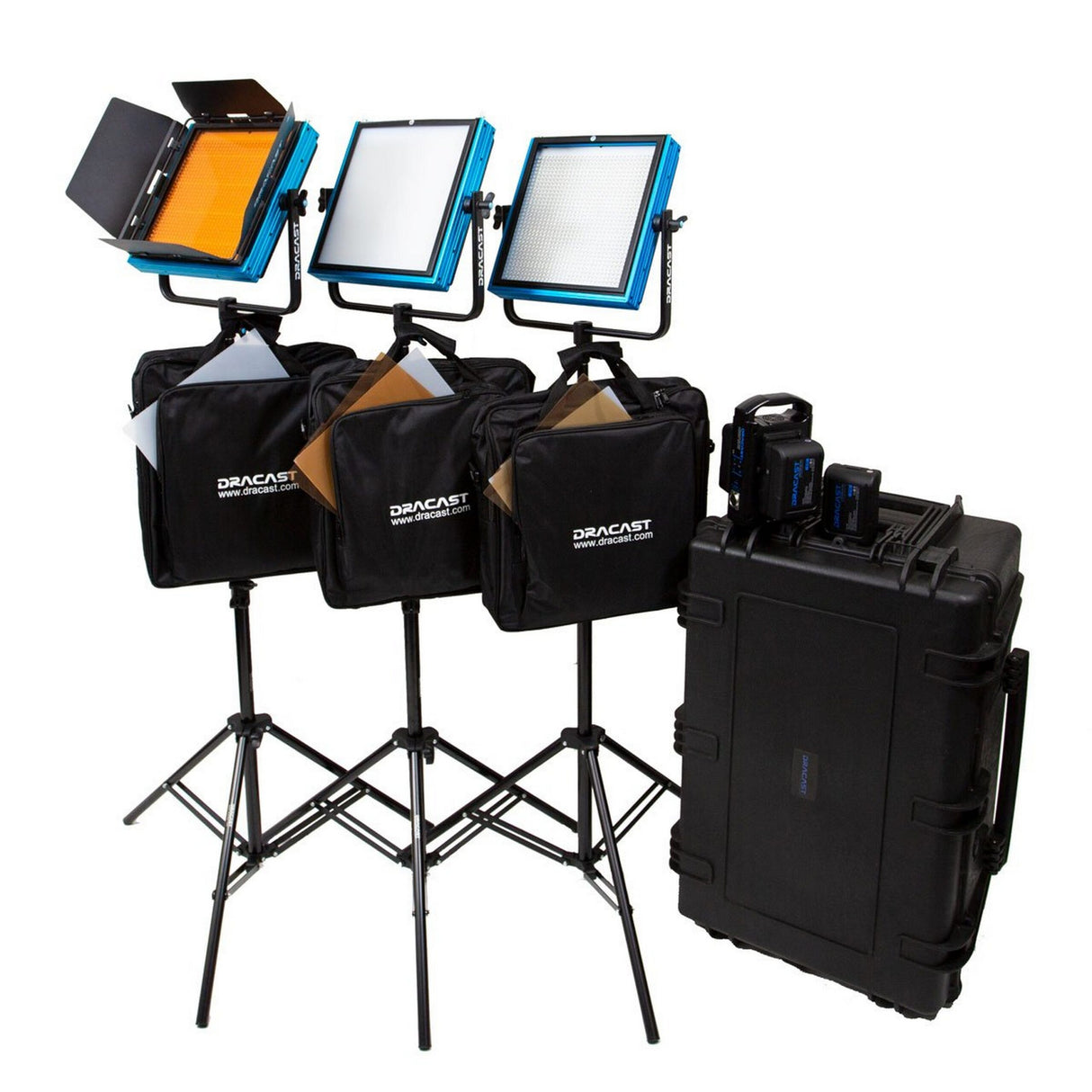 Dracast DRDP3LDSK Plus LED1000 Daylight 3-Light Studio Kit with V-Mount and Gold Mount Battery Plates