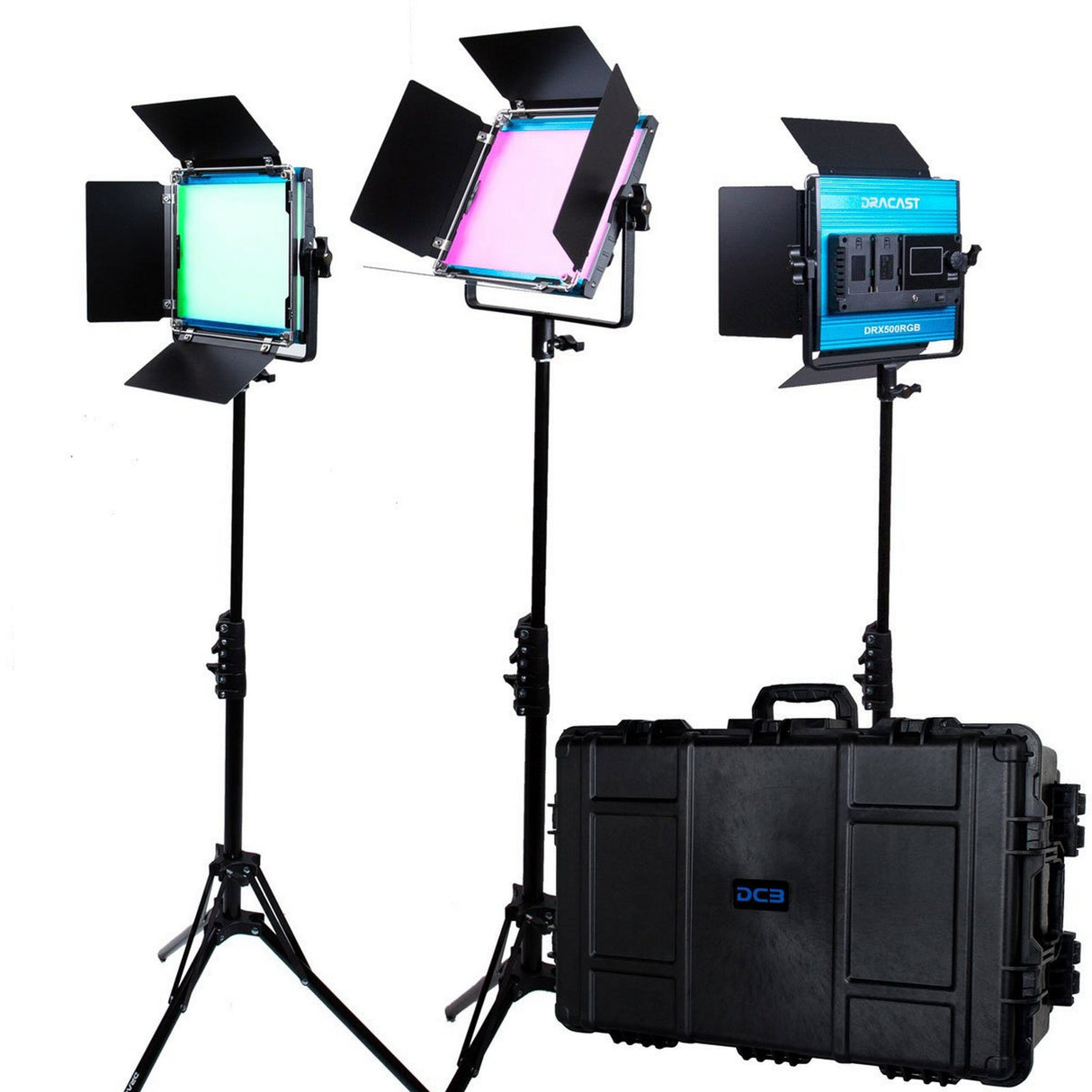 Dracast DRX3500RGBH LED500 X Series RGB and Bi-Color LED 3 Light Kit with Injection Molded Travel Case