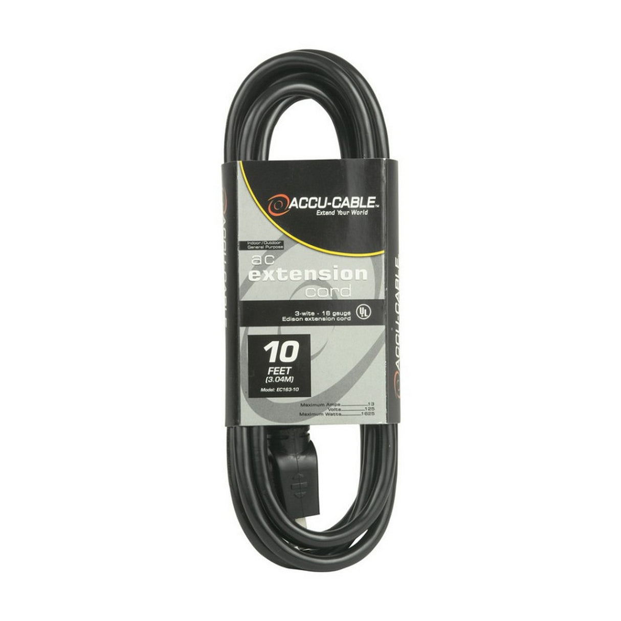 Accu Cable EC-163-10 | 10ft 16 Gauge 120V Edison Sockets AC Extension Cord Black