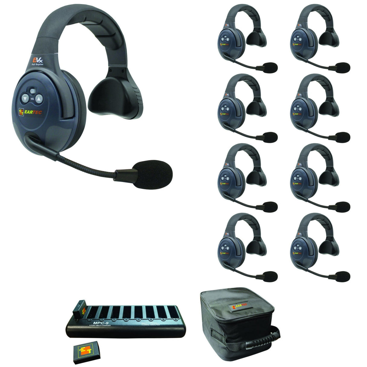 Eartec EVADE EVX9S Full Duplex Wireless Intercom System with 9 Single Speaker Headsets