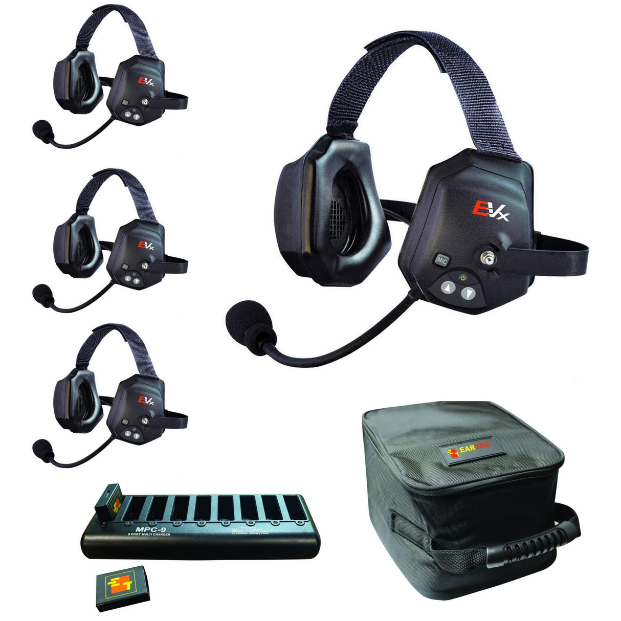 Eartec EVADE EVXT4 Xtreme Full Duplex Wireless Intercom System with 4 Dual Speaker Headsets