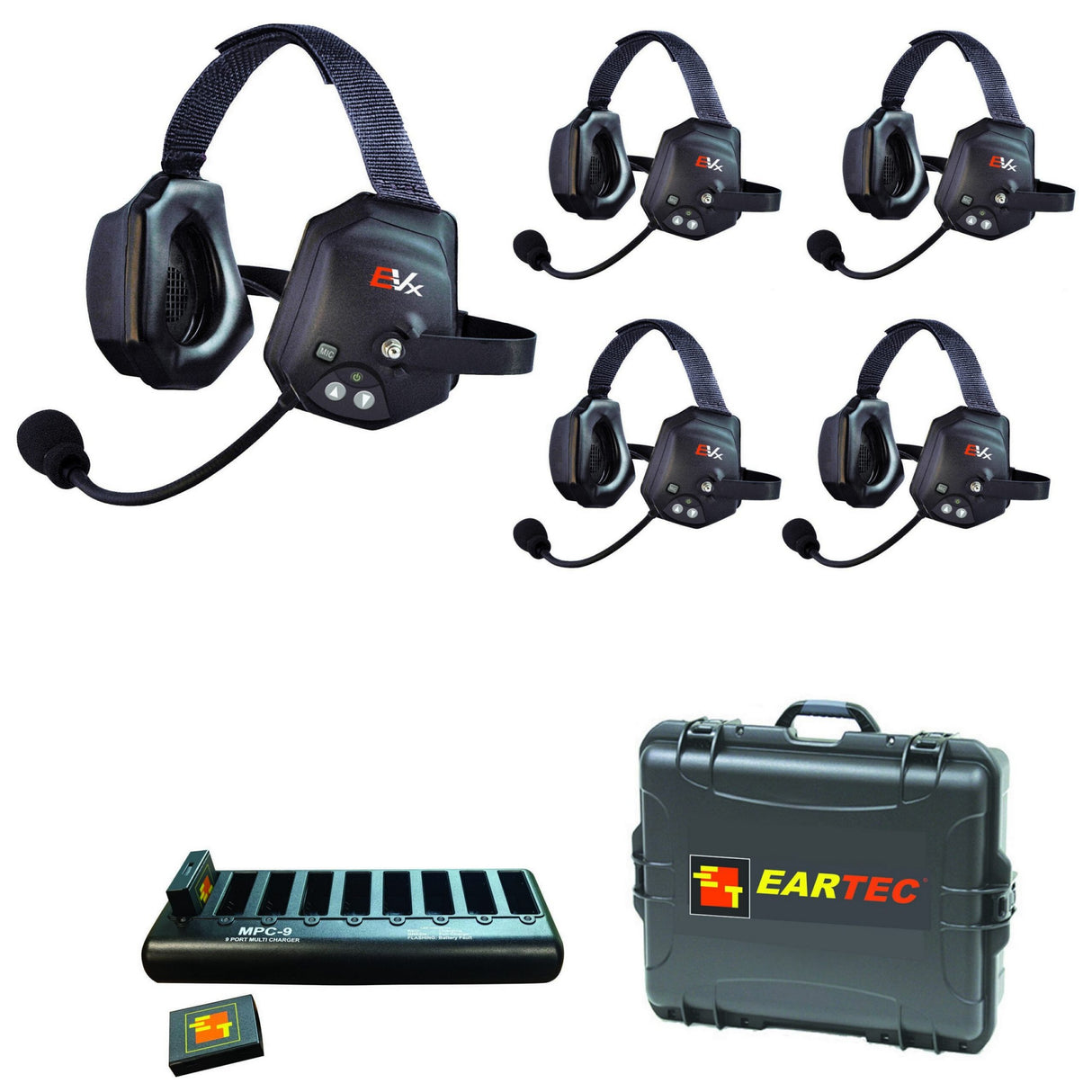 Eartec EVADE EVXT5 Xtreme Full Duplex Wireless Intercom System with 5 Dual Speaker Headsets