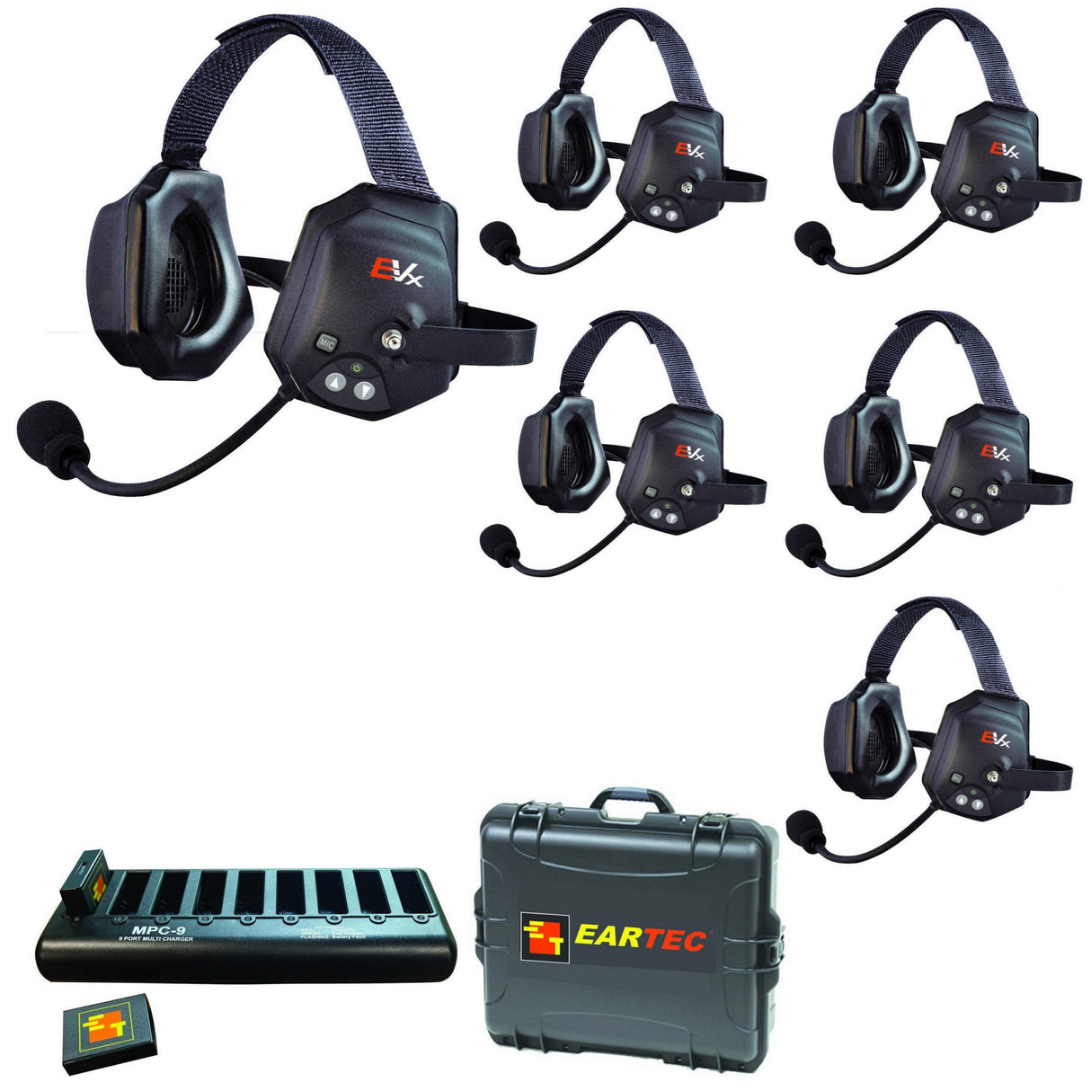 Eartec EVADE EVXT6 Xtreme Full Duplex Wireless Intercom System with 6 Dual Speaker Headsets