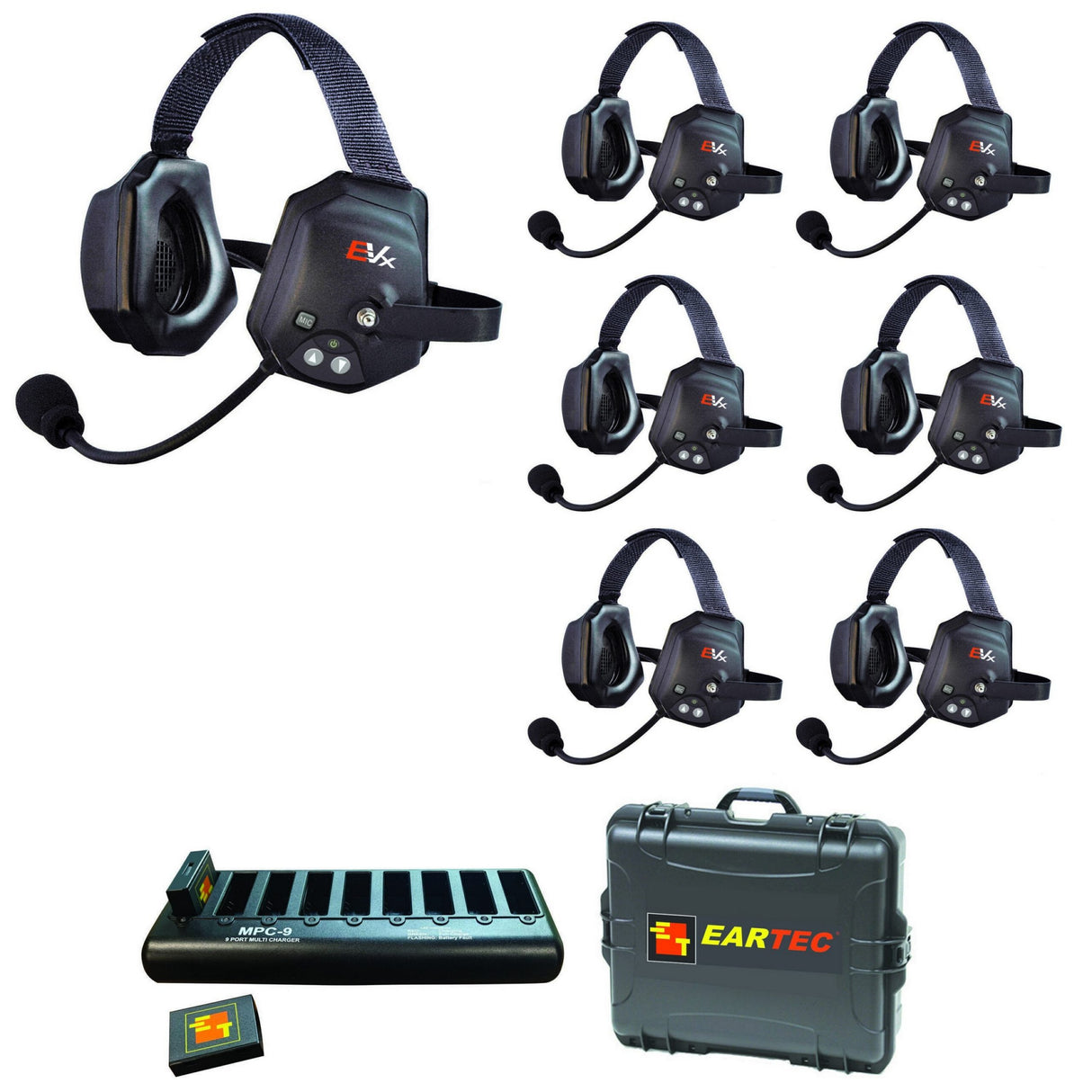 Eartec EVADE EVXT7 Xtreme Full Duplex Wireless Intercom System with 7 Dual Speaker Headsets