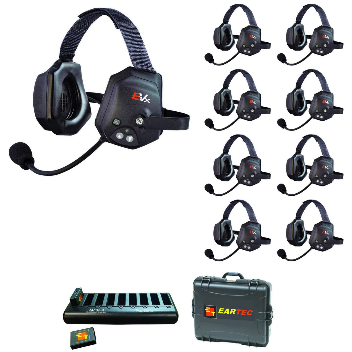 Eartec EVADE EVXT9 Xtreme Full Duplex Wireless Intercom System with 9 Dual Speaker Headsets