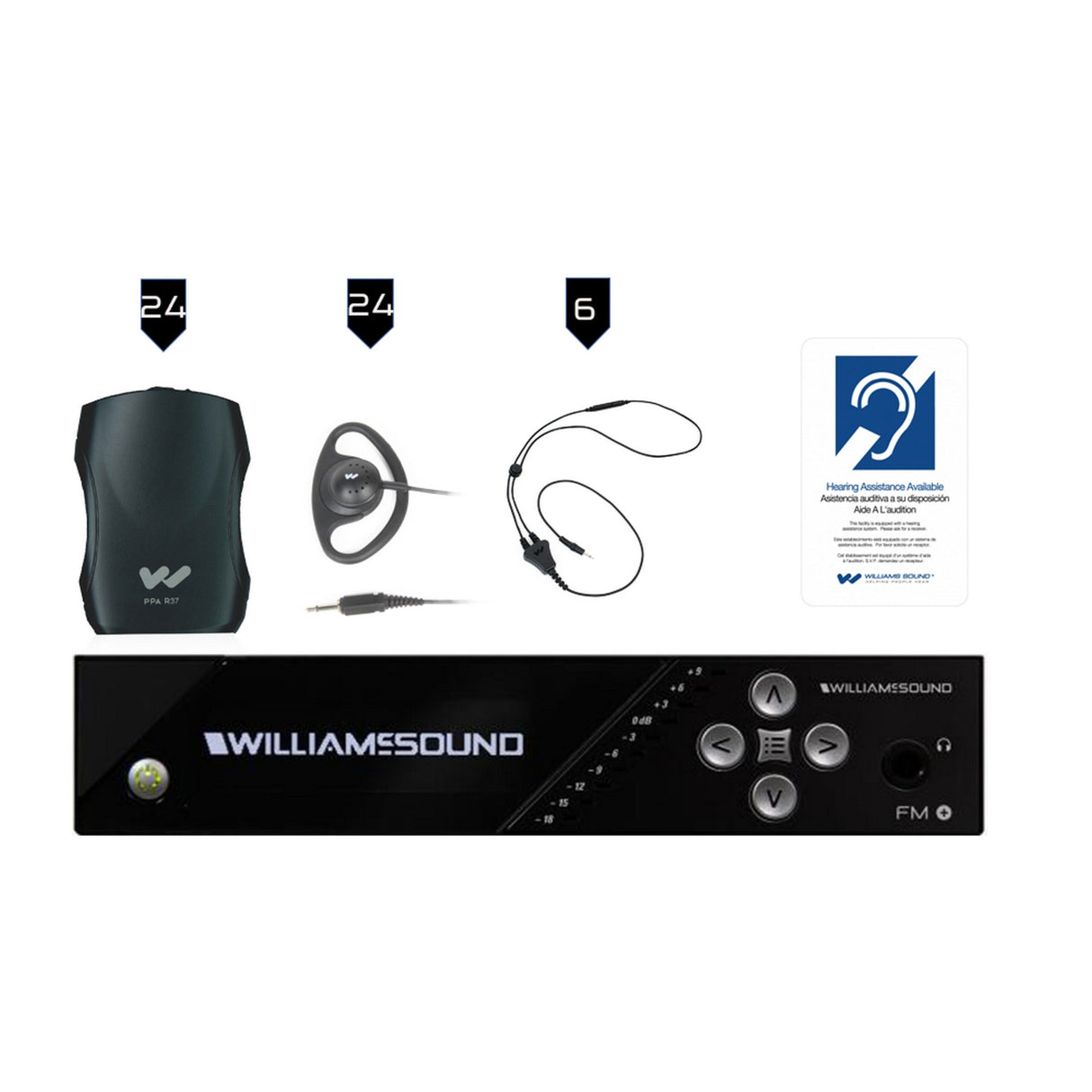 Williams AV FM 557-24 Large-Area Dual FM and Wi-Fi Assistive Listening System with 24 FM R37 Receivers