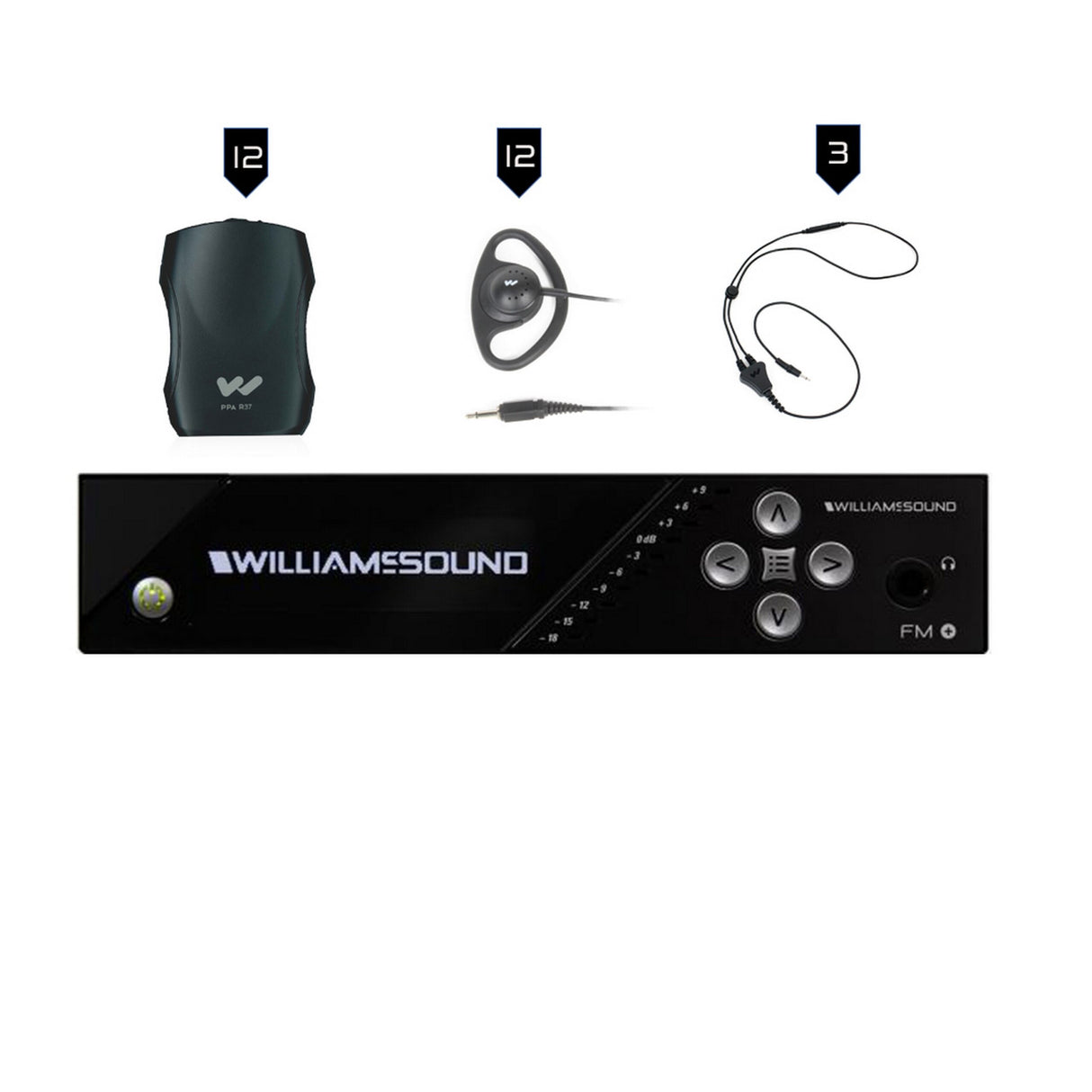 Williams AV FM 557 Large-Area Dual FM and Wi-Fi Assistive Listening System with 4 FM R37 Receivers