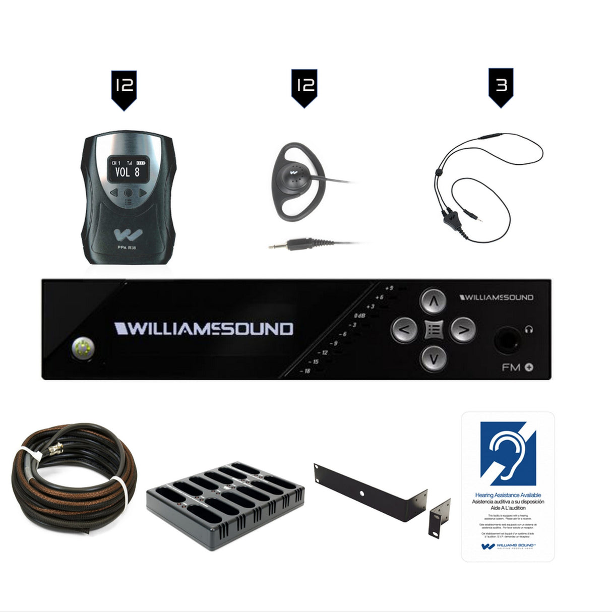 Williams AV FM 558-12 PRO D Large-Area Dual FM and Wi-Fi Assistive Listening Dante System with 12 FM R38 Receivers