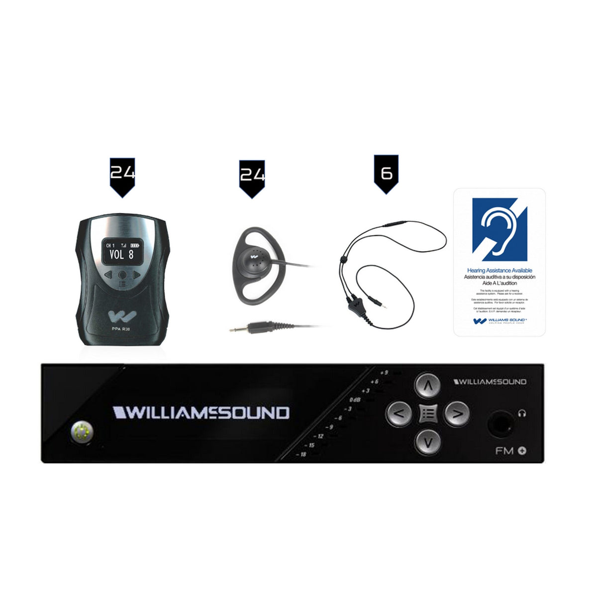 Williams AV FM 558-24 Large-Area Dual FM and Wi-Fi Assistive Listening System with 24 FM R38 Receivers
