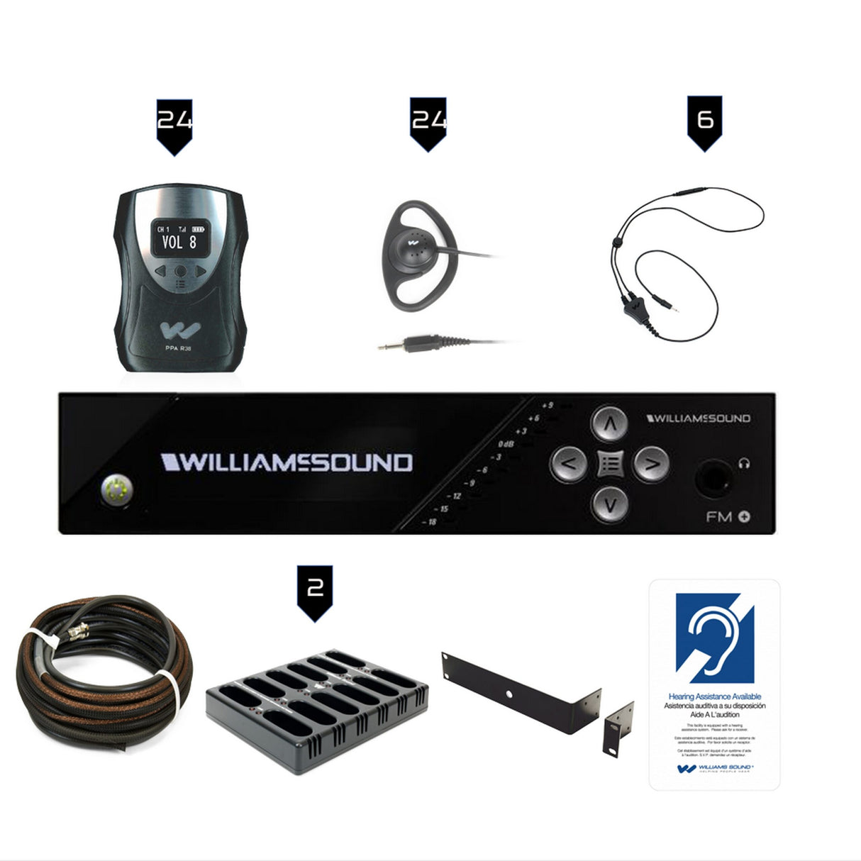 Williams AV FM 558-24 PRO Large-Area Dual FM and Wi-Fi Assistive Listening System with 24 FM R38 Receivers