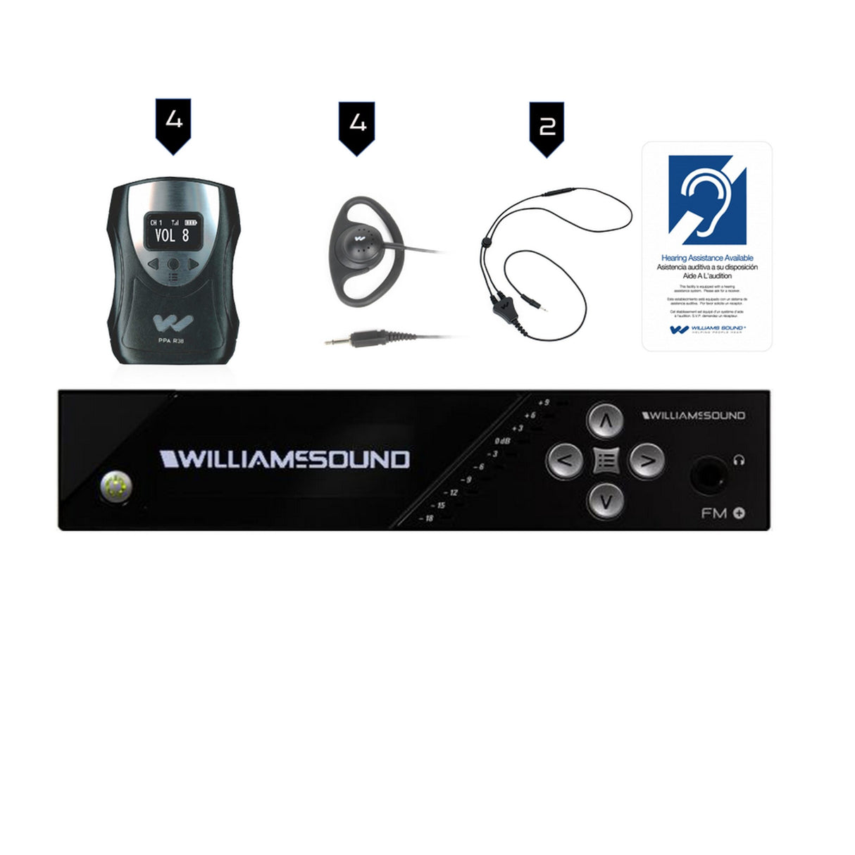 Williams AV FM 558 Large-Area Dual FM and Wi-Fi Assistive Listening System with 4 FM R38 Receivers