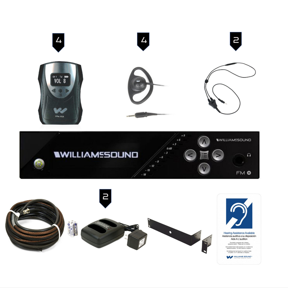 Williams AV FM 558 PRO Large-Area Dual FM and Wi-Fi Assistive Listening System with 4 FM R38 Receivers